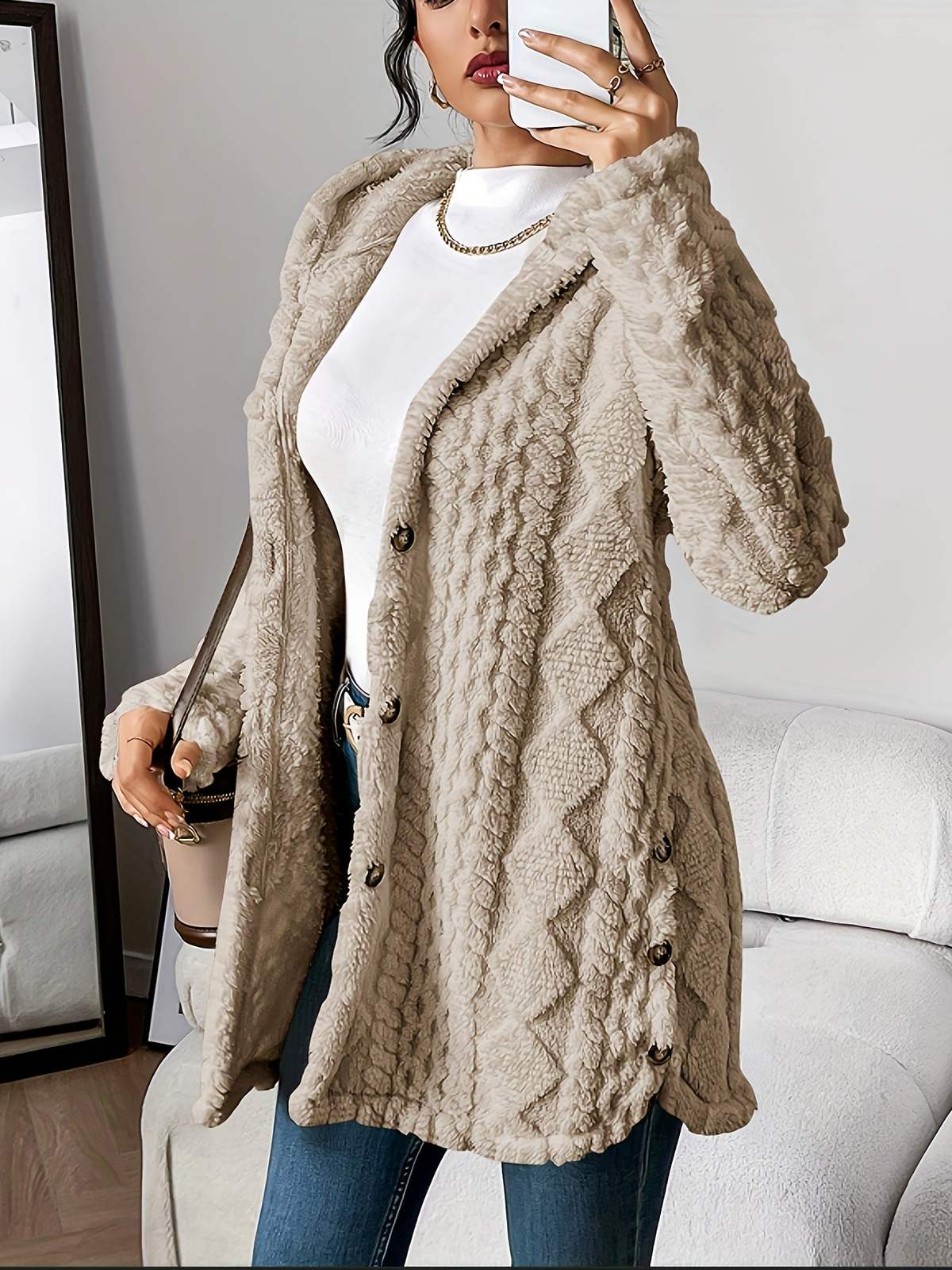 Cappotto lungo donna con cappuccio e bottoni laterali 8
