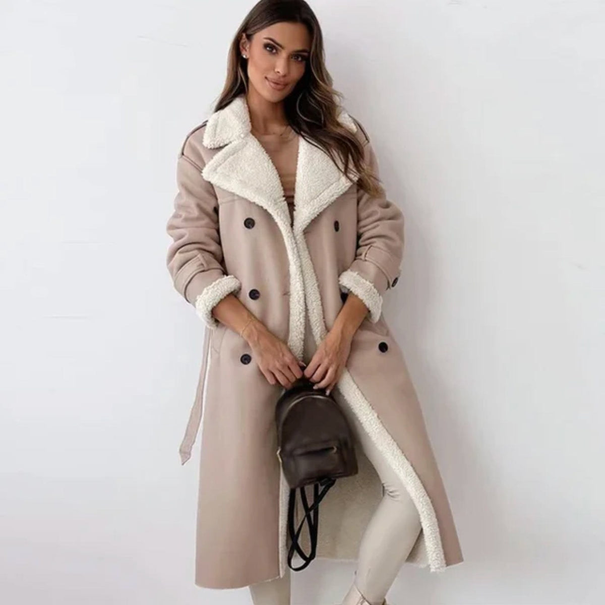 Cappotto lungo donna doppiopetto foderato in sherpa caldo 7