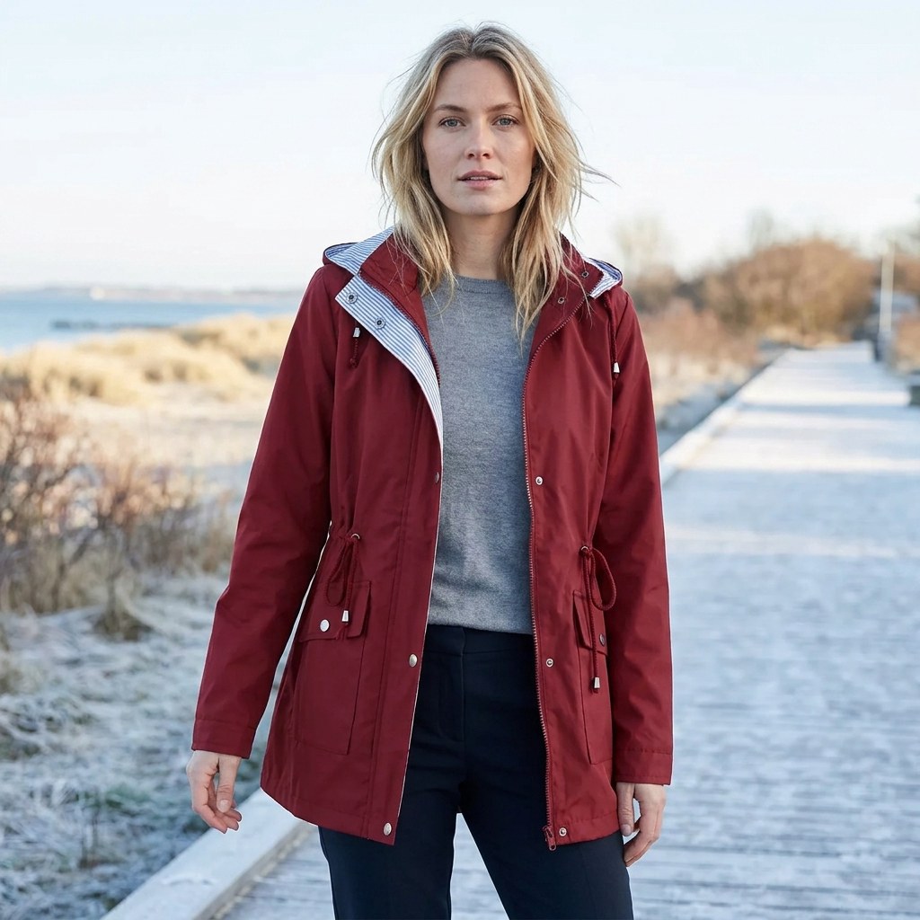 Trench invernale donna impermeabile con cappuccio e coulisse 8