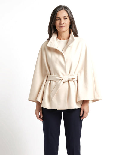 Cappotto a mantella donna con collo alto e cintura a fiocco 1