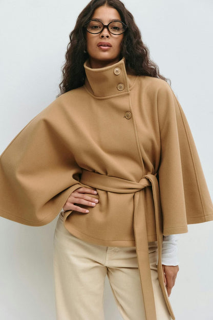 Cappotto a mantella donna con collo alto e cintura a fiocco 8