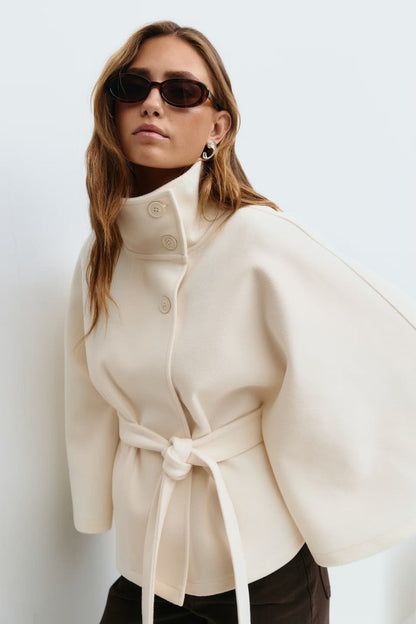 Cappotto a mantella donna con collo alto e cintura a fiocco 2