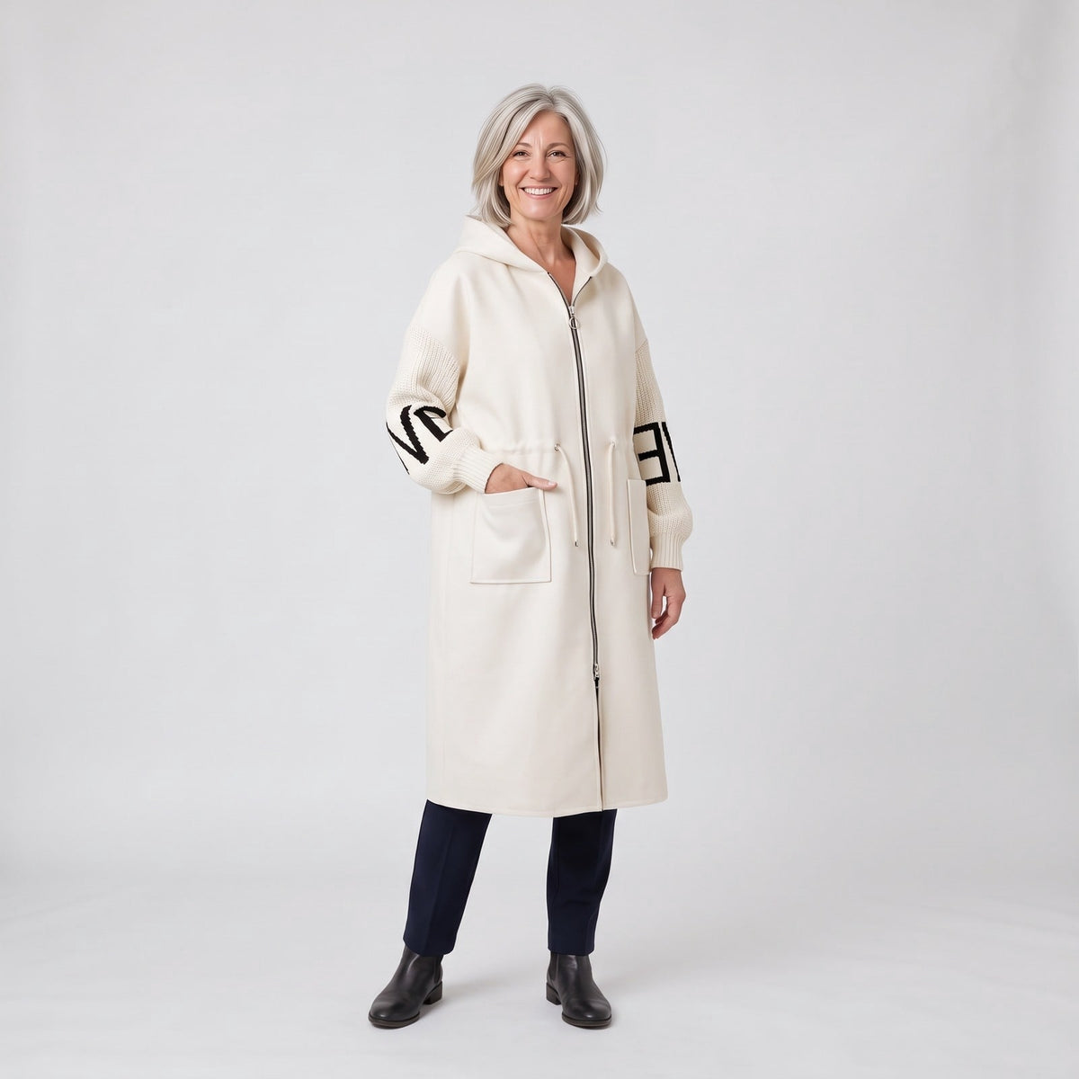 Cappotto cardigan donna con cappuccio e tasche ampie 1