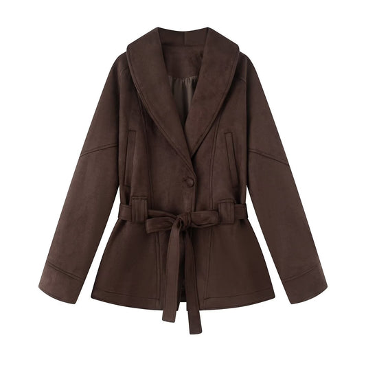 Cappotto corto donna con cintura e collo a revers