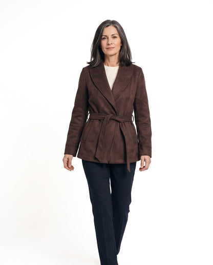 Cappotto corto donna con cintura e collo a revers ampio 1