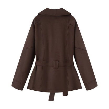 Cappotto corto donna con cintura e collo a revers ampio 2