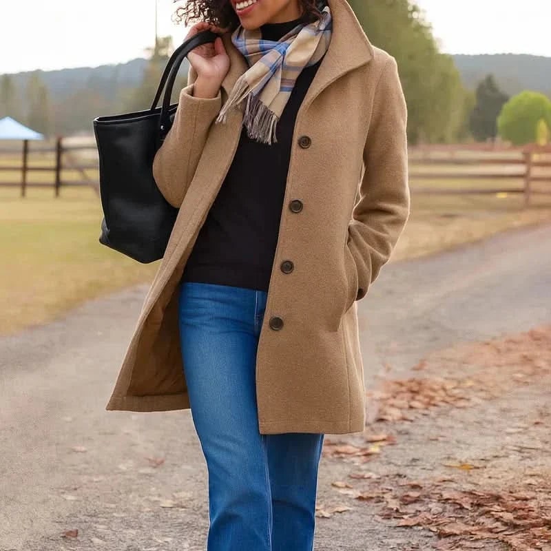 Cappotto Donna in Lana con Collo Alto e Bottoni Scuri 2