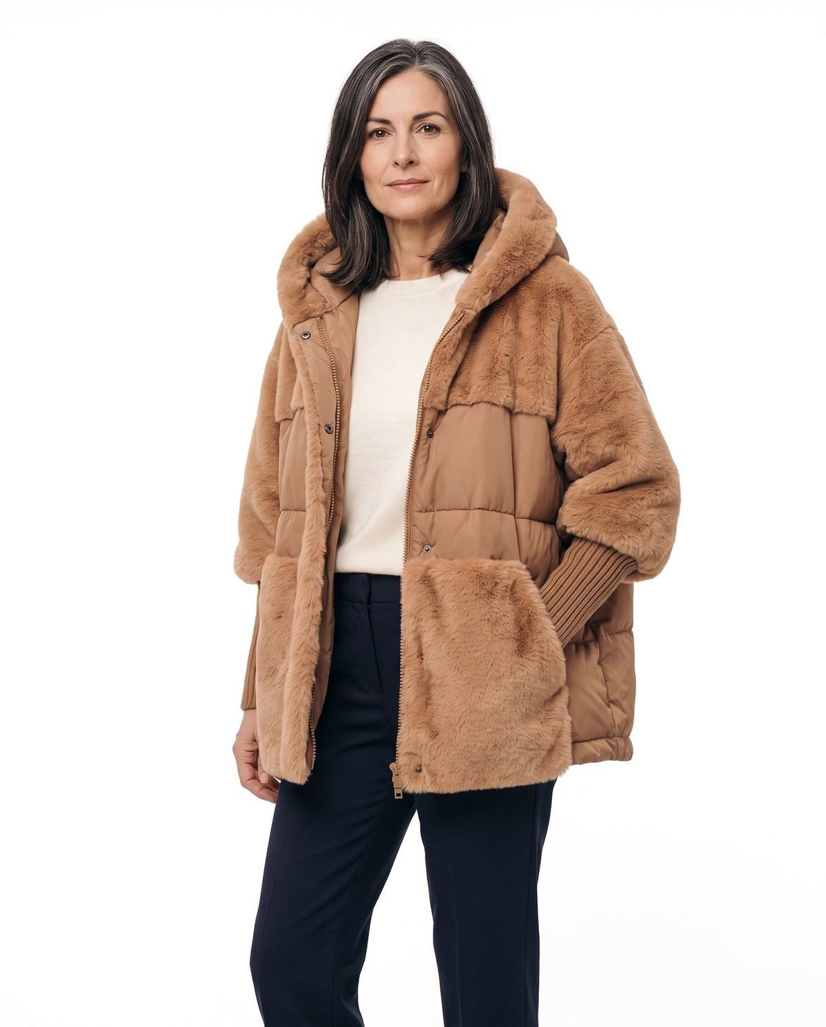 Cappotto in peluche donna oversize con cappuccio ampio 1
