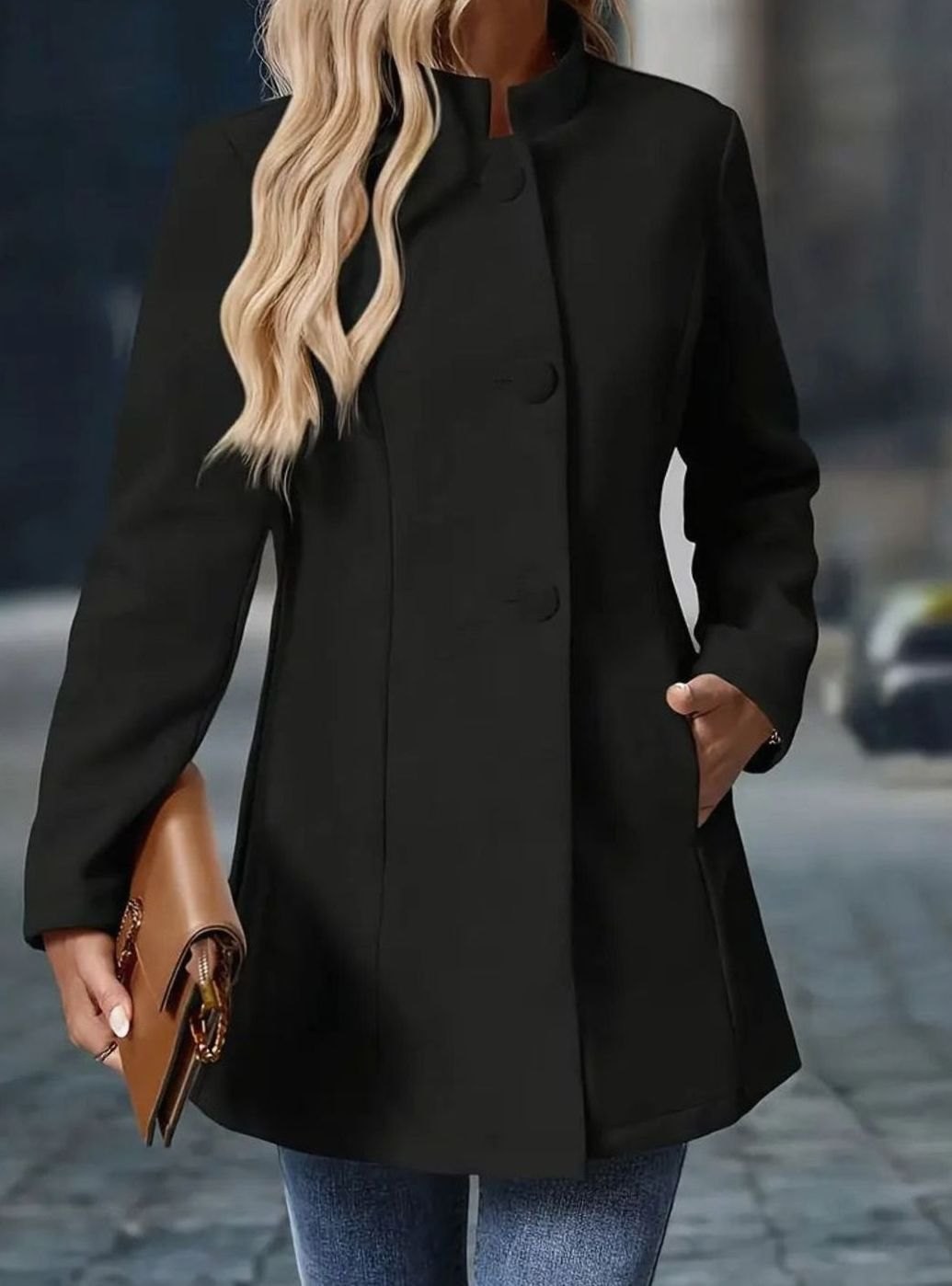 Cappotto invernale donna elegante con collo alto e bottoni 5