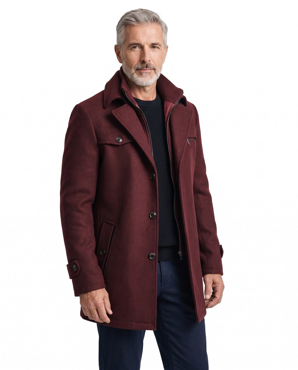 Cappotto invernale uomo elegante con collo strutturato 1