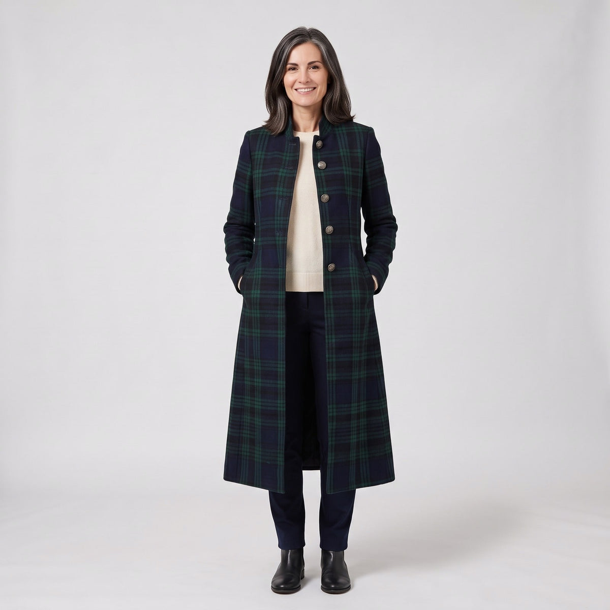 Cappotto Lungo Donna a Quadri con Collo Alto e Bottoni 1