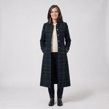 Cappotto Lungo Donna a Quadri con Collo Alto e Bottoni 1
