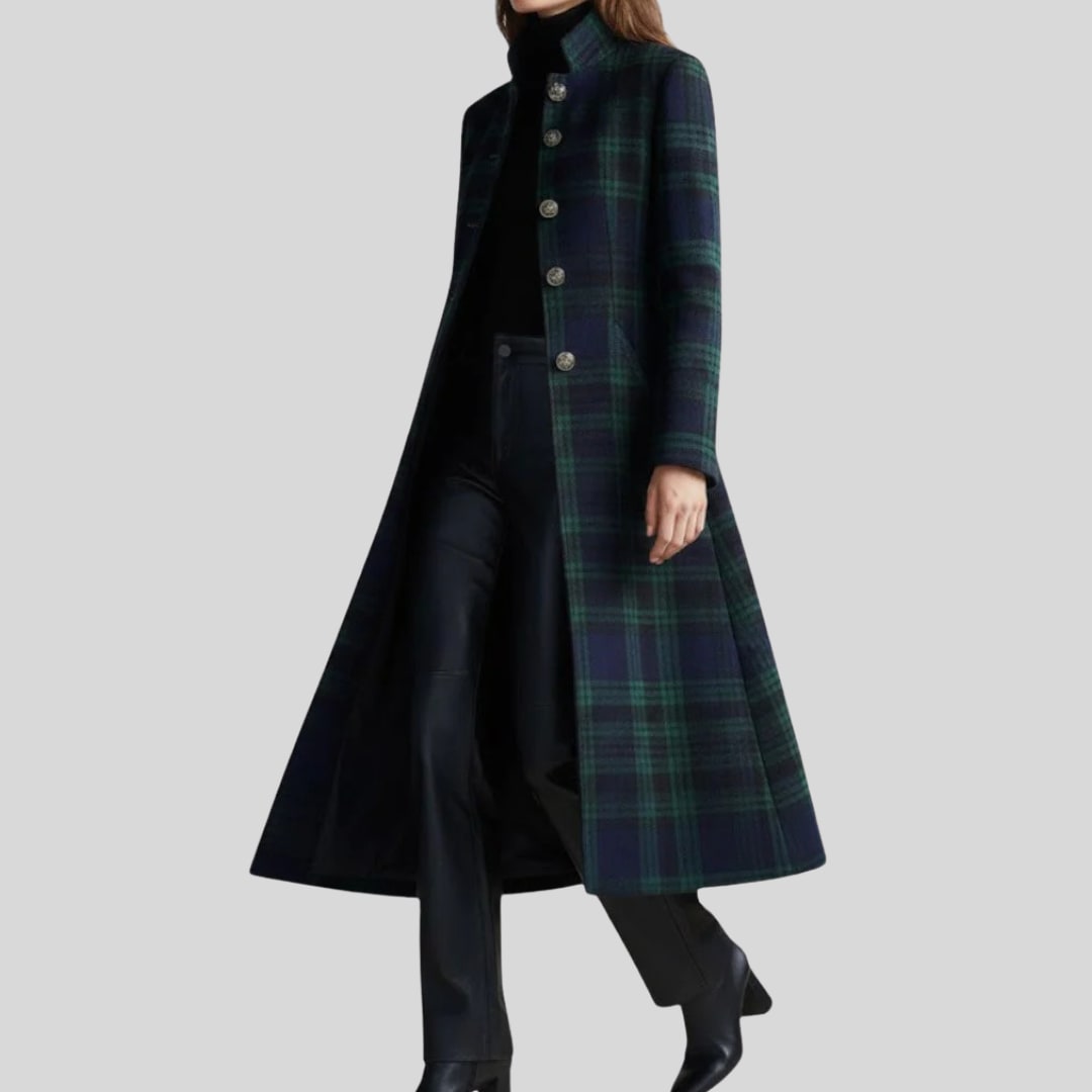 Cappotto Lungo Donna a Quadri con Collo Alto e Bottoni 2