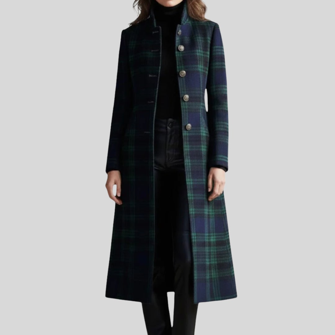 Cappotto Lungo Donna a Quadri con Collo Alto e Bottoni 3