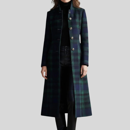 Cappotto Lungo Donna a Quadri con Collo Alto e Bottoni 3