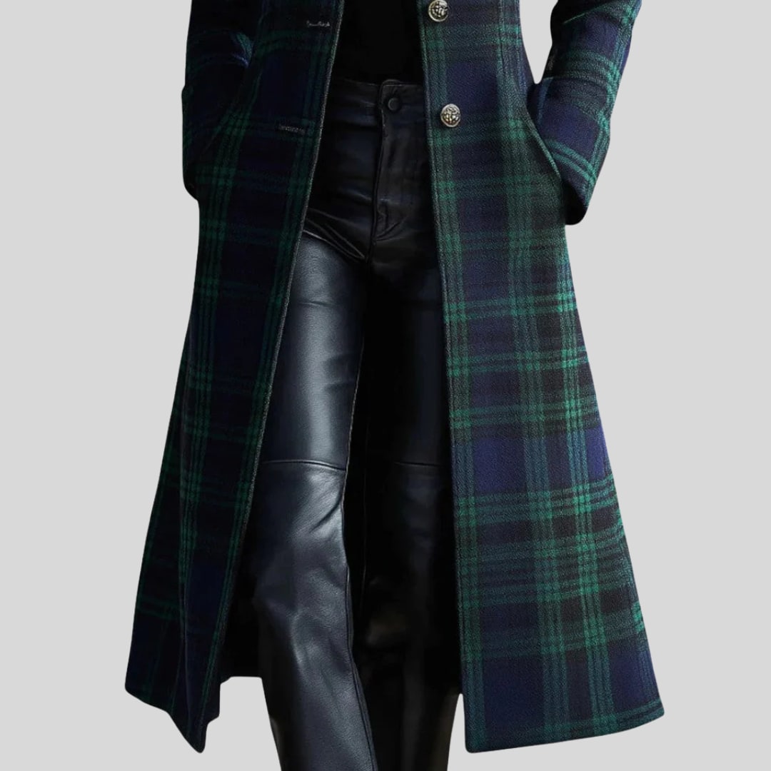 Cappotto Lungo Donna a Quadri con Collo Alto e Bottoni 4