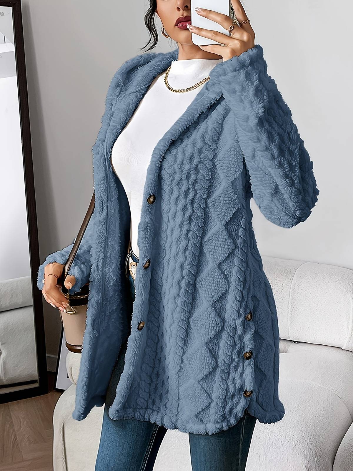 Cappotto lungo donna con cappuccio e bottoni laterali 2