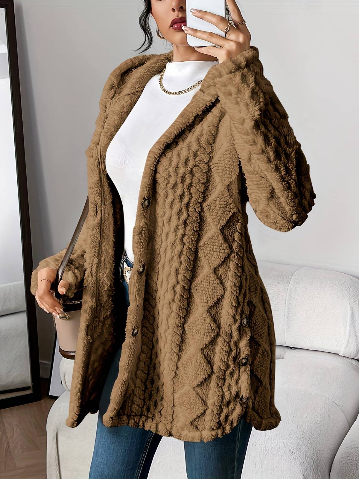 Cappotto lungo donna con cappuccio e bottoni laterali 3