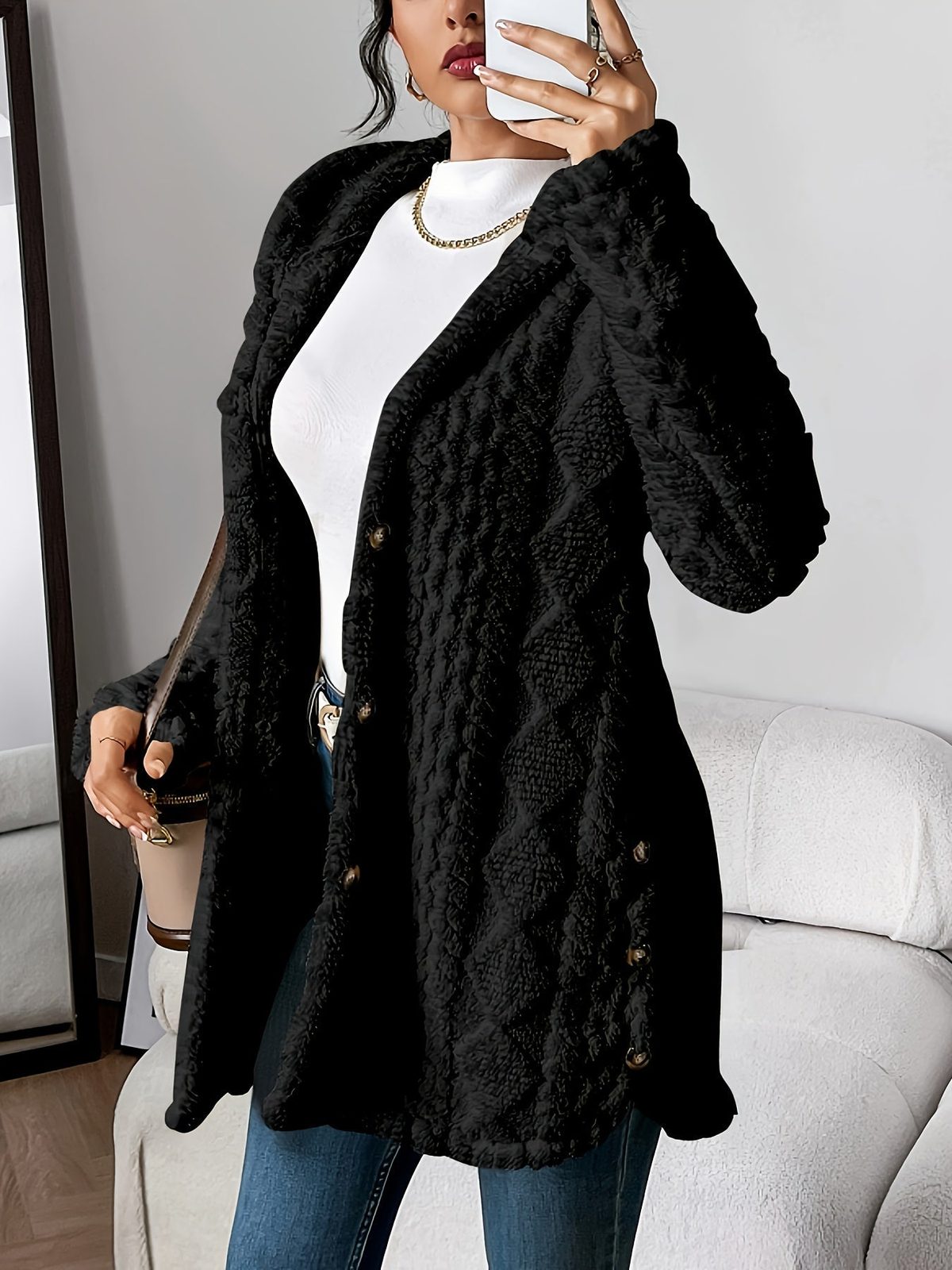 Cappotto lungo donna con cappuccio e bottoni laterali 5