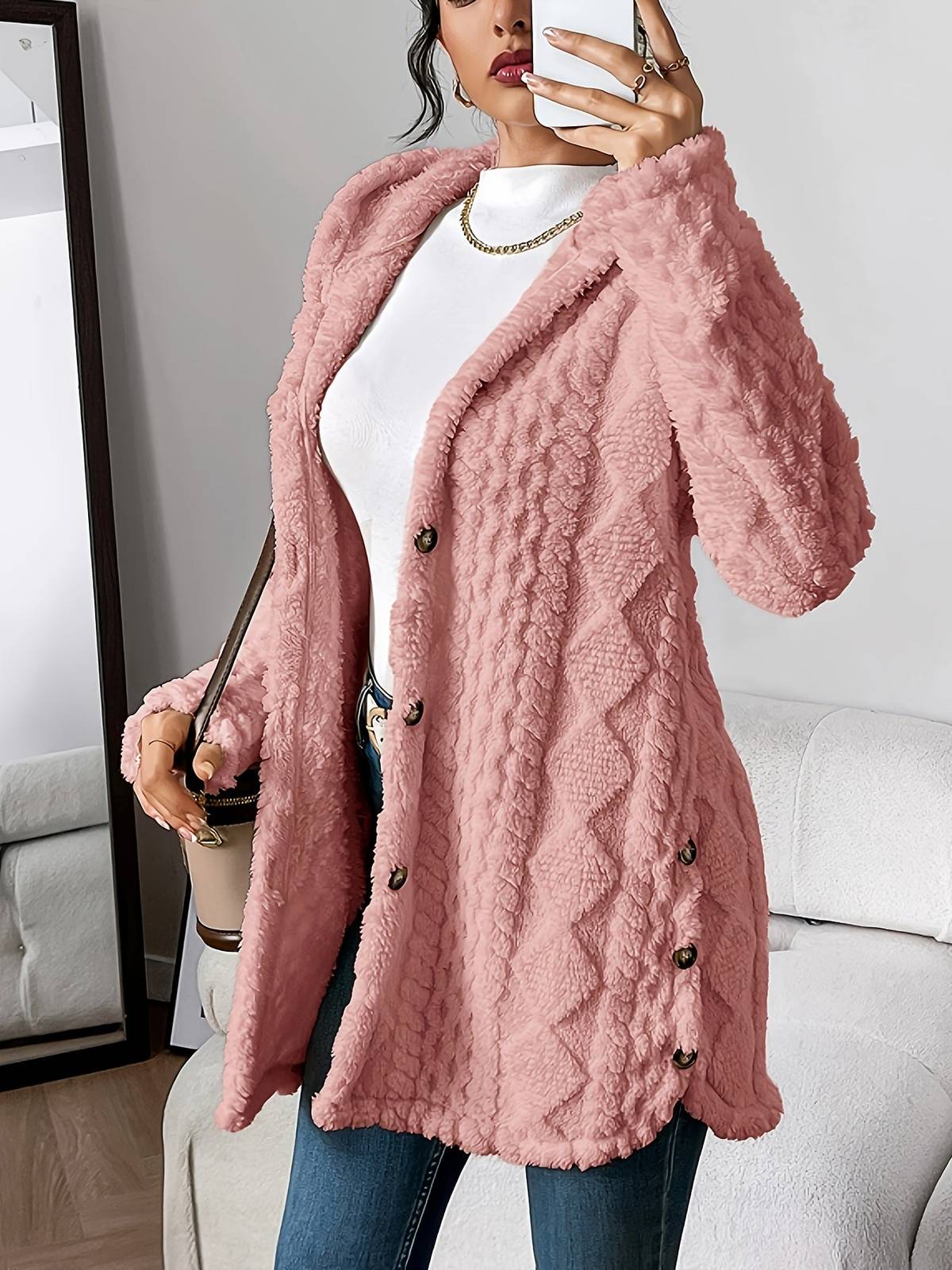 Cappotto lungo donna con cappuccio e bottoni laterali 7