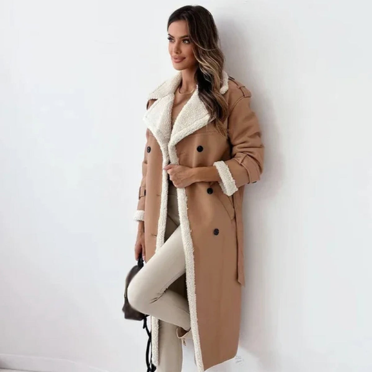 Cappotto lungo donna doppiopetto foderato in sherpa caldo 6