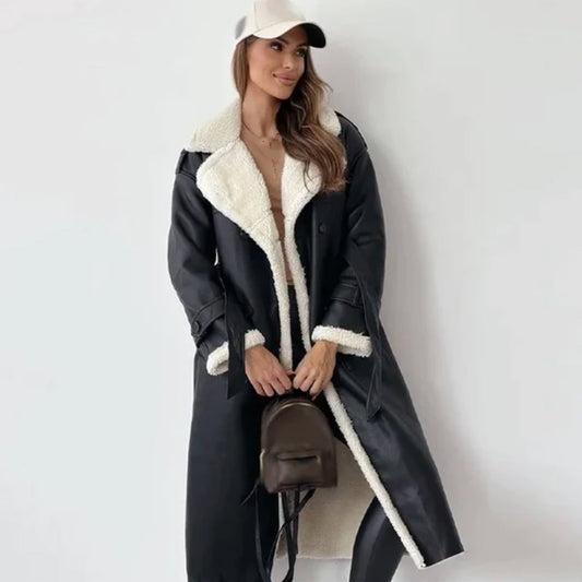 Cappotto lungo donna doppiopetto foderato in sherpa