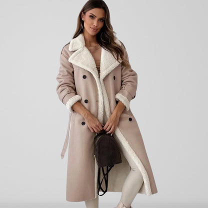 Cappotto lungo donna doppiopetto foderato in sherpa caldo 3
