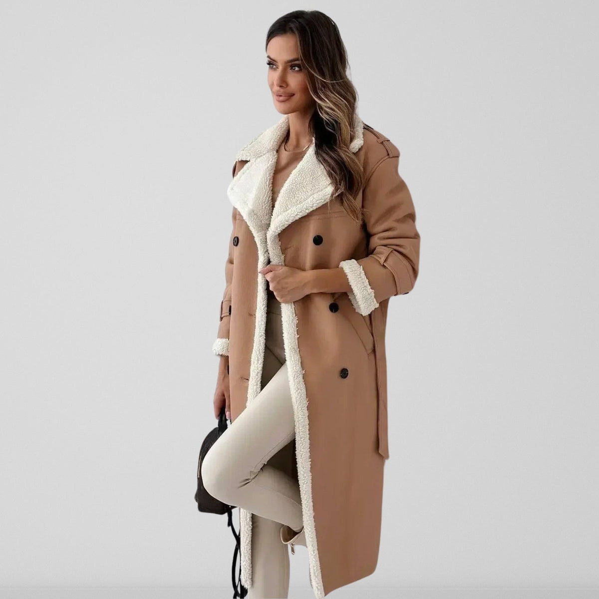 Cappotto lungo donna doppiopetto foderato in sherpa caldo 4