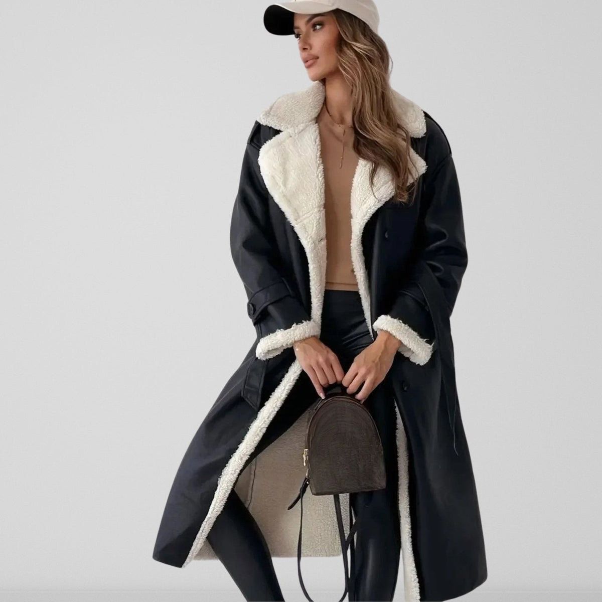 Cappotto lungo donna doppiopetto foderato in sherpa caldo 5