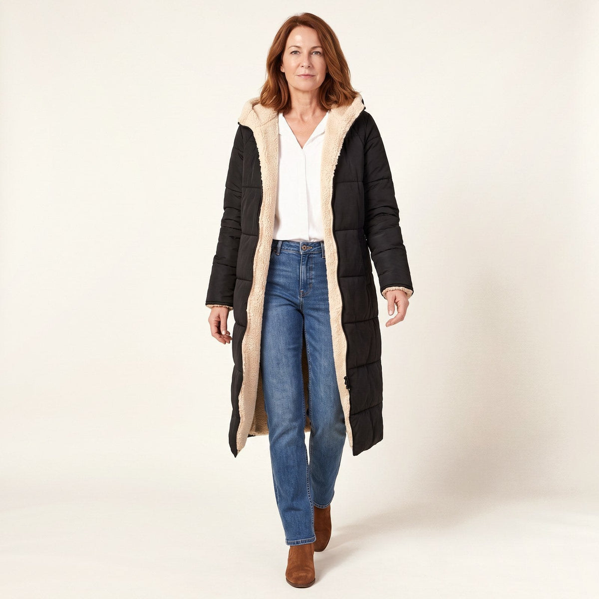Cappotto lungo donna reversibile foderato in teddy caldo 2