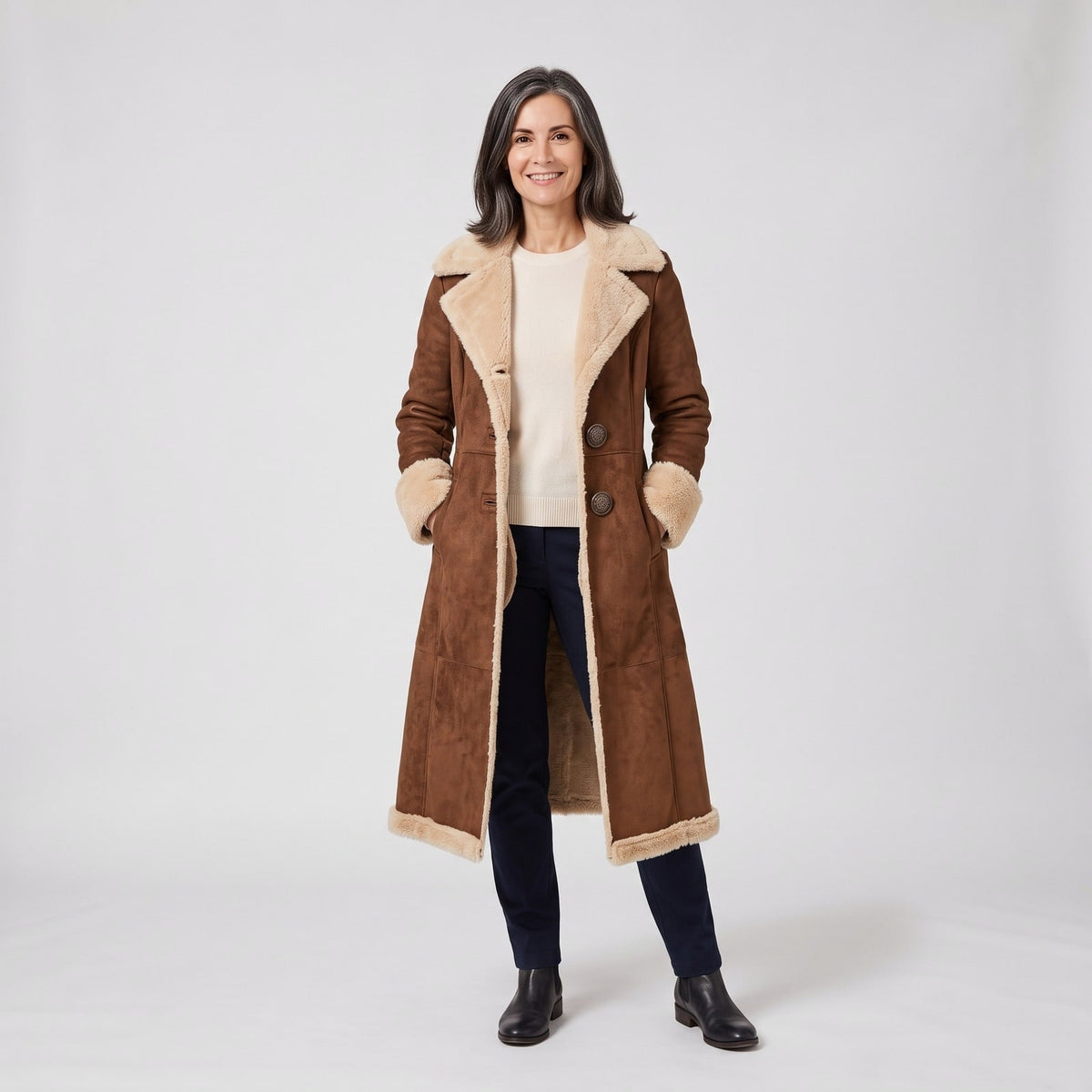Cappotto lungo donna effetto camoscio con fodera sherpa 1