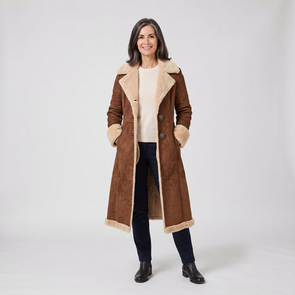 Cappotto lungo donna effetto camoscio con fodera sherpa 1