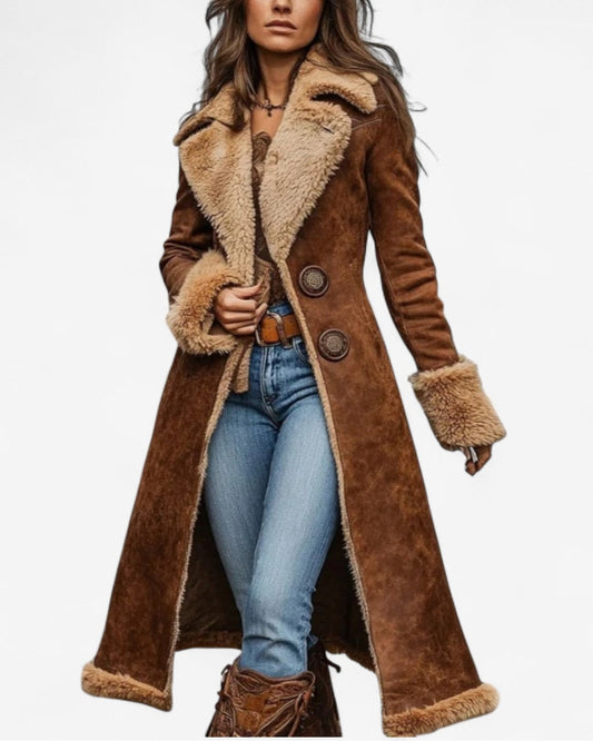 Cappotto lungo donna vintage effetto camoscio con fodera in sherpa