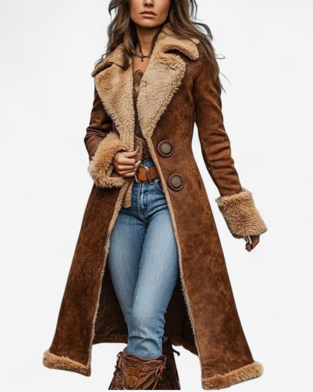 Cappotto lungo donna effetto camoscio con fodera sherpa 1