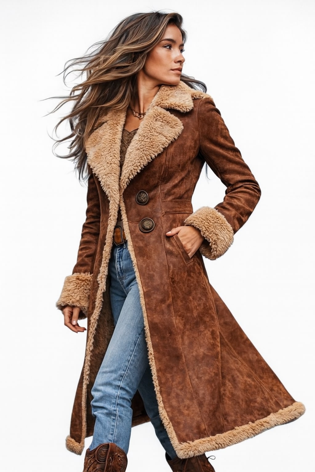 Cappotto lungo donna effetto camoscio con fodera sherpa 2