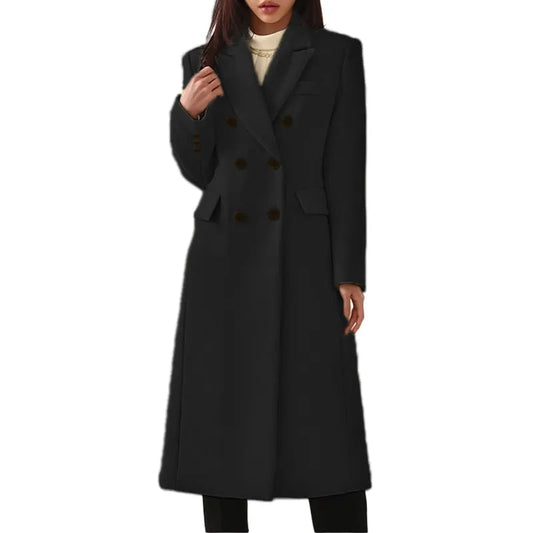 Cappotto lungo doppiopetto donna con revers e tasche a pattina