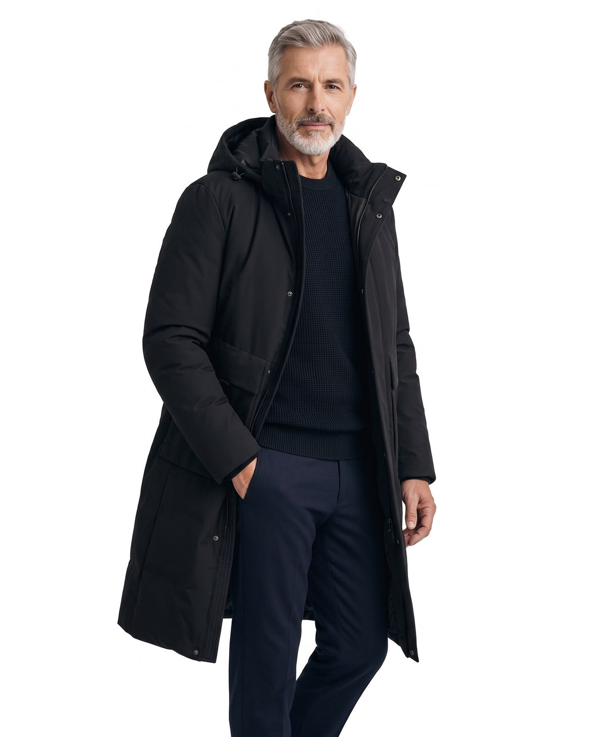Cappotto trapuntato lungo uomo con cappuccio regolabile 1