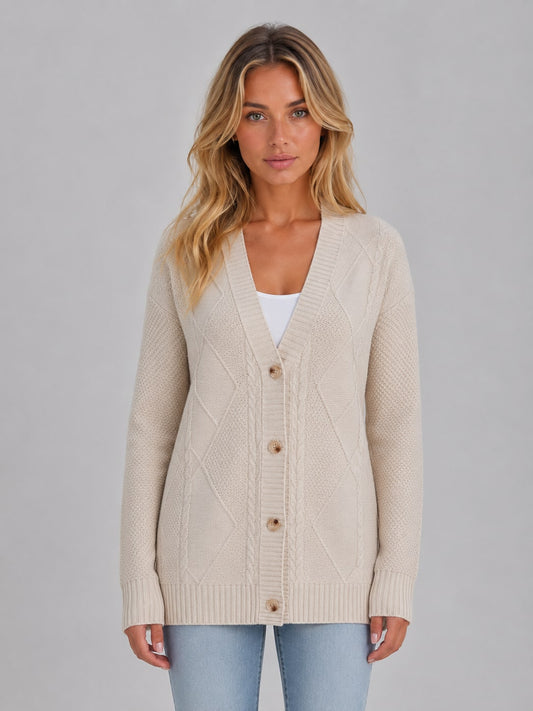Cardigan in maglia a trecce con bottoni donna e scollo a V 1