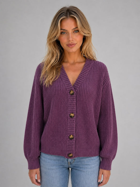 Cardigan in maglia con bottoni donna a coste e scollo a V 1