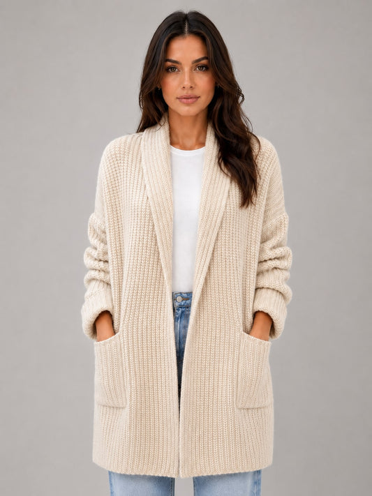 Cardigan lungo donna aperto con tasche e collo a scialle 1