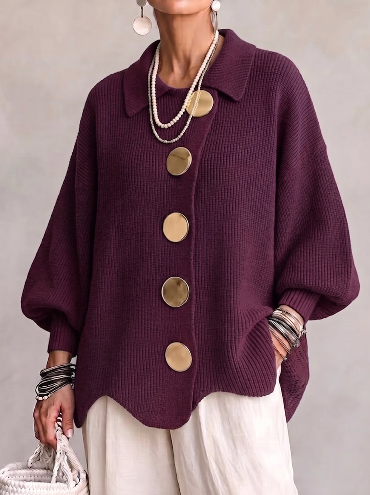 Cardigan oversize con maniche a lanterna e bottoni dorati donna 4