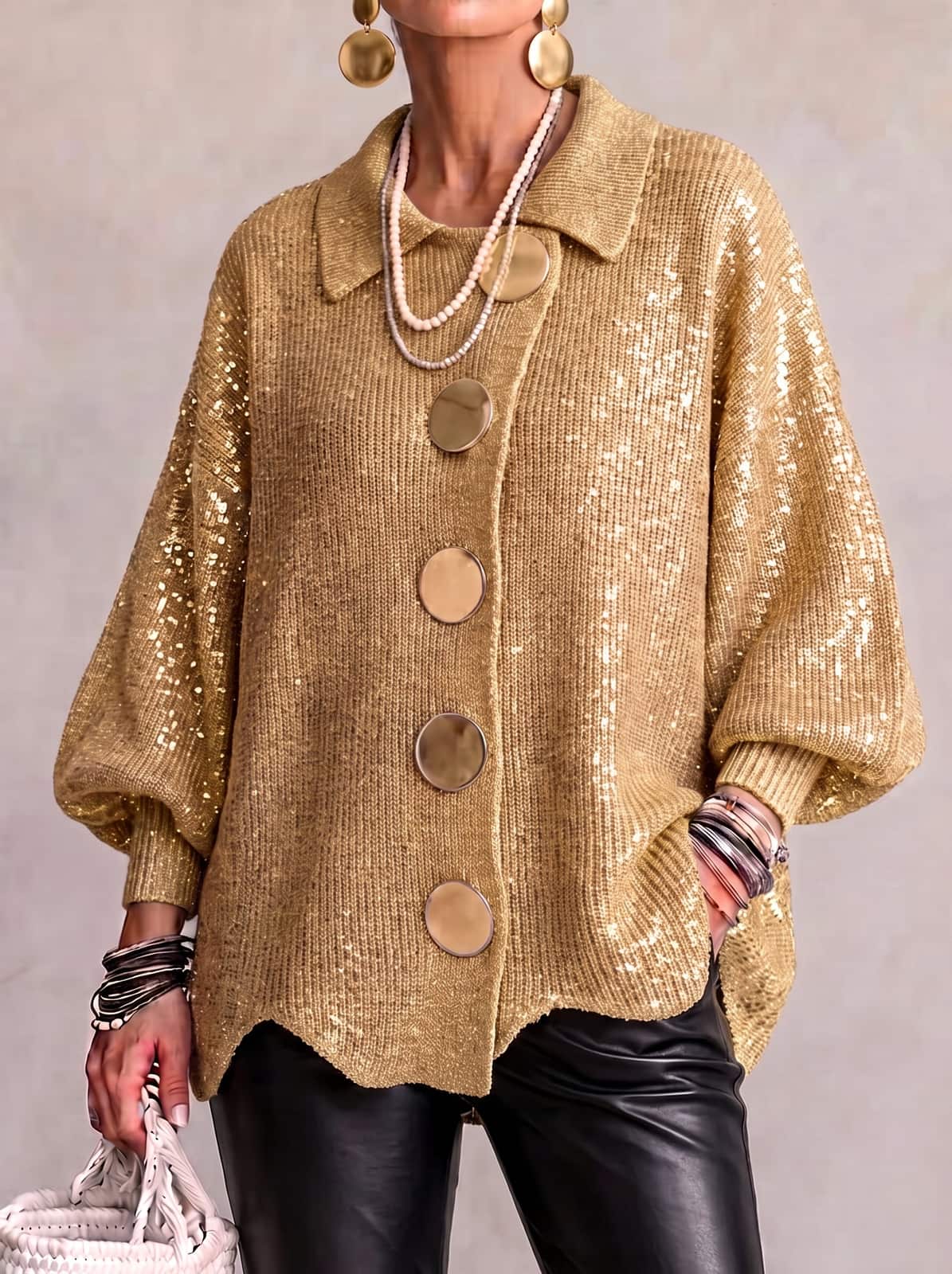 Cardigan oversize con maniche a lanterna e bottoni dorati donna 6