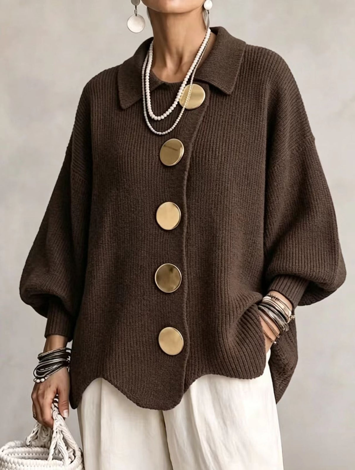 Cardigan oversize con maniche a lanterna e bottoni dorati donna 10