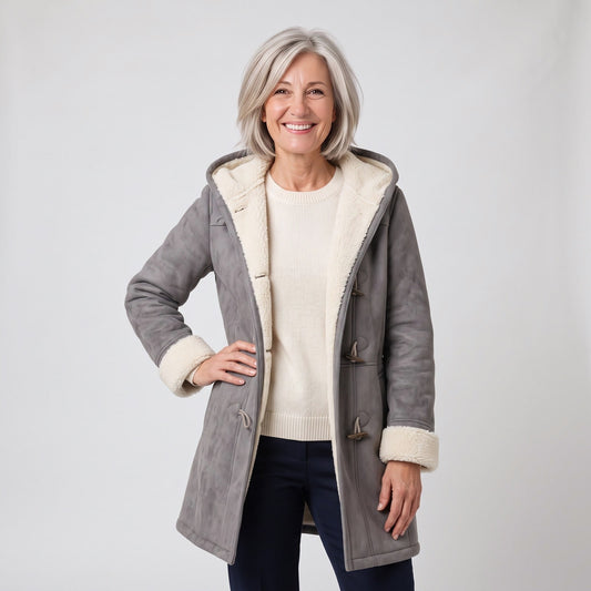 Duffle coat invernale donna con cappuccio, alamari e fodera in sherpa 1
