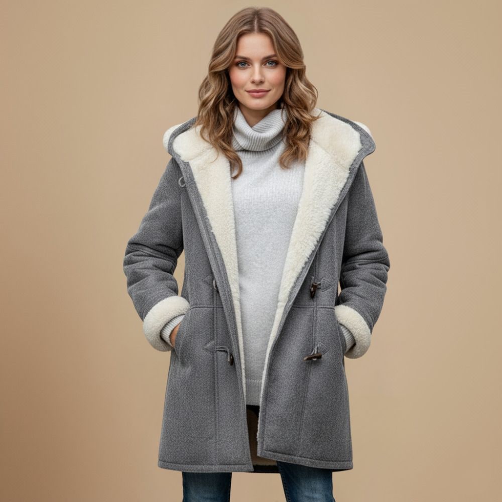 Duffle coat invernale donna con cappuccio, alamari e fodera in sherpa 1