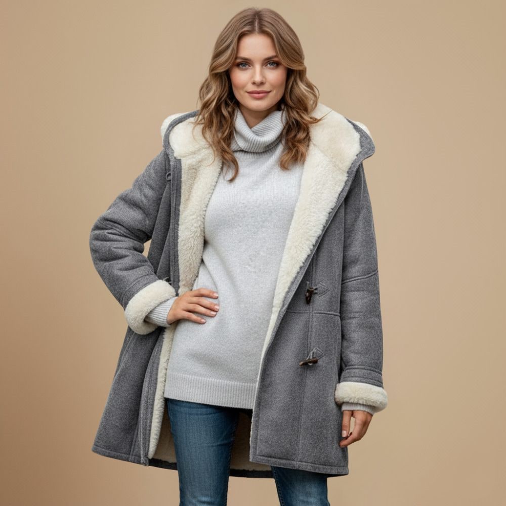 Duffle coat invernale donna con cappuccio, alamari e fodera in sherpa 2
