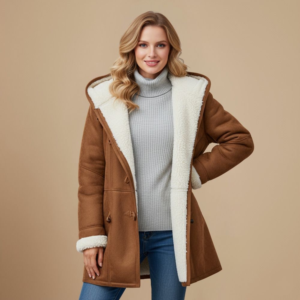 Duffle coat invernale donna con cappuccio, alamari e fodera in sherpa 3