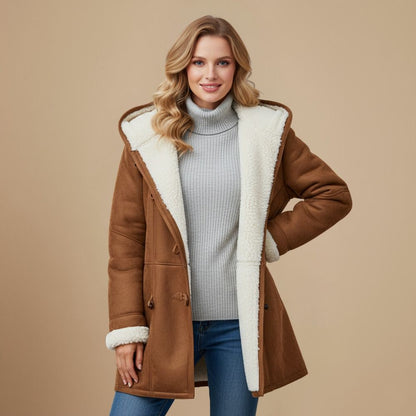 Duffle coat invernale donna con cappuccio, alamari e fodera in sherpa 3
