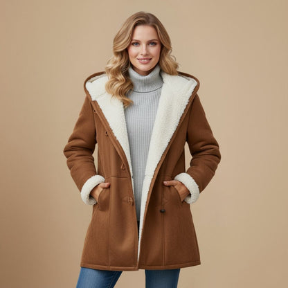 Duffle coat invernale donna con cappuccio, alamari e fodera in sherpa 4