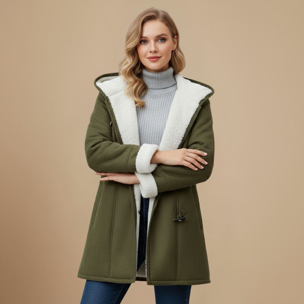 Duffle coat invernale donna con cappuccio, alamari e fodera in sherpa 6